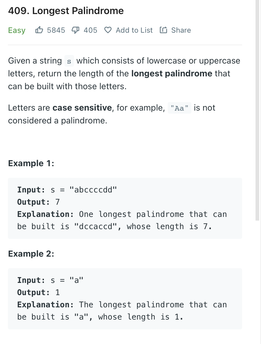 [2024] day 158. leetcode 409. Longest Palindrome