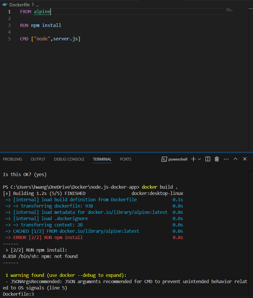 Dockerfile에서 FROM을 apline으로 변경한 버전 - 오류발생!