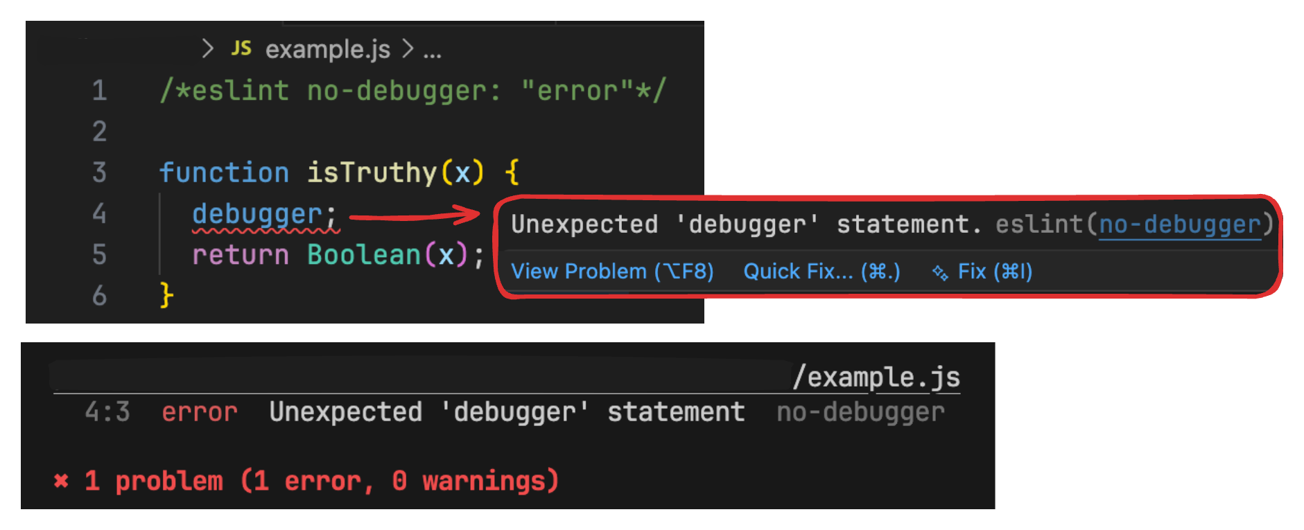 no-debugger 오류 위치를 알려주는 이미지
