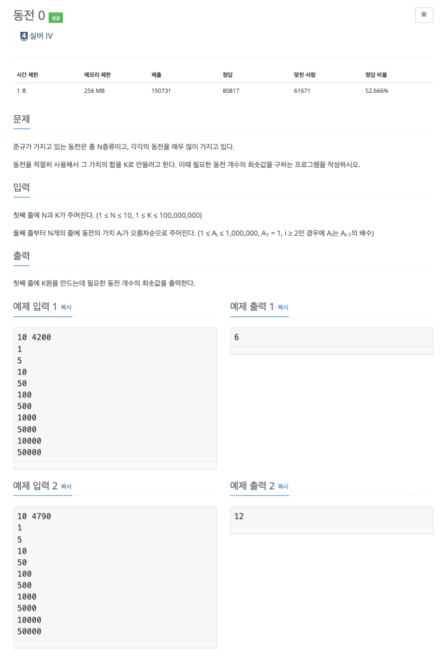 [알고리즘/Java] 백준11047번:동전 0