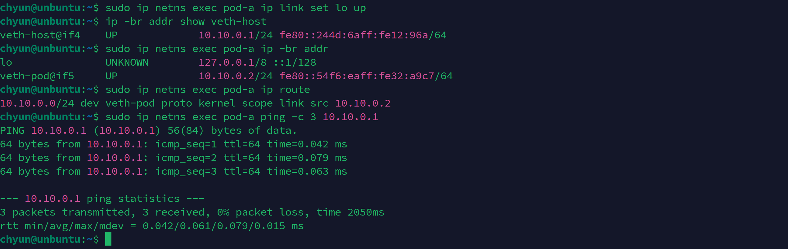 pod-a와 Host veth interface 사이의 Ping 결과