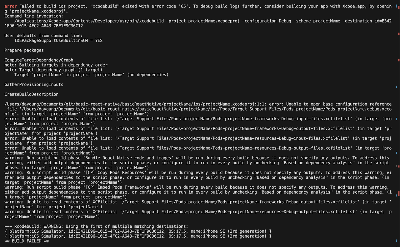 [React Native] Failed to build ios project. "xcodebuild" exited with