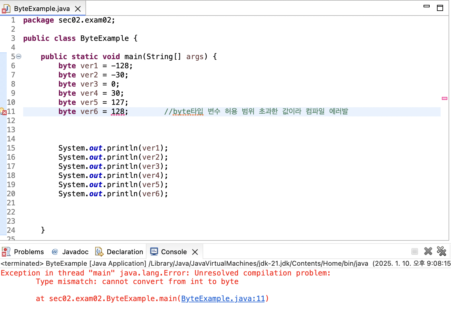 byte 타입 변수