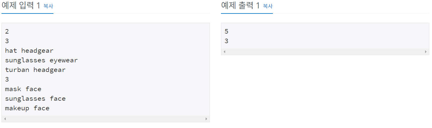 백준 알고리즘 9375번 : 패션왕 신해빈