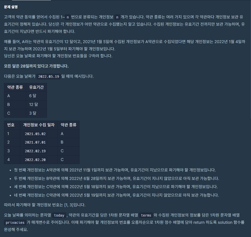 [프로그래머스] 개인정보 수집 유효기간 (JAVA)
