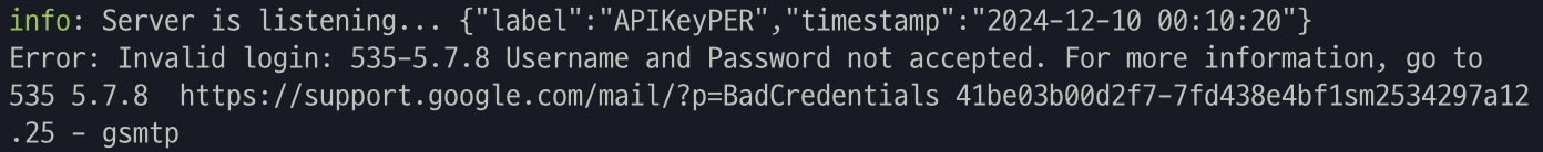 Error: Invalid login: 535-5.7.8 Username and Password not accepted.