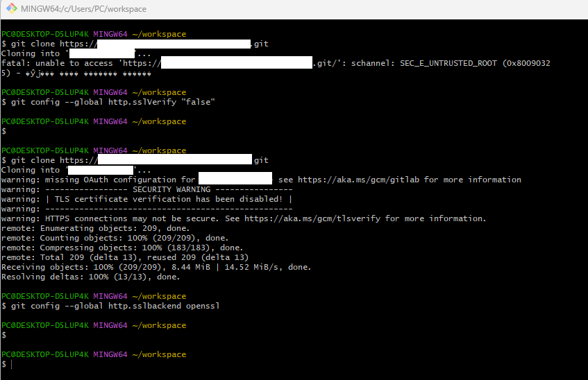 [Git] fatal: unable to access schannel: SEC_E_UNTRUSTED_ROOT 에러