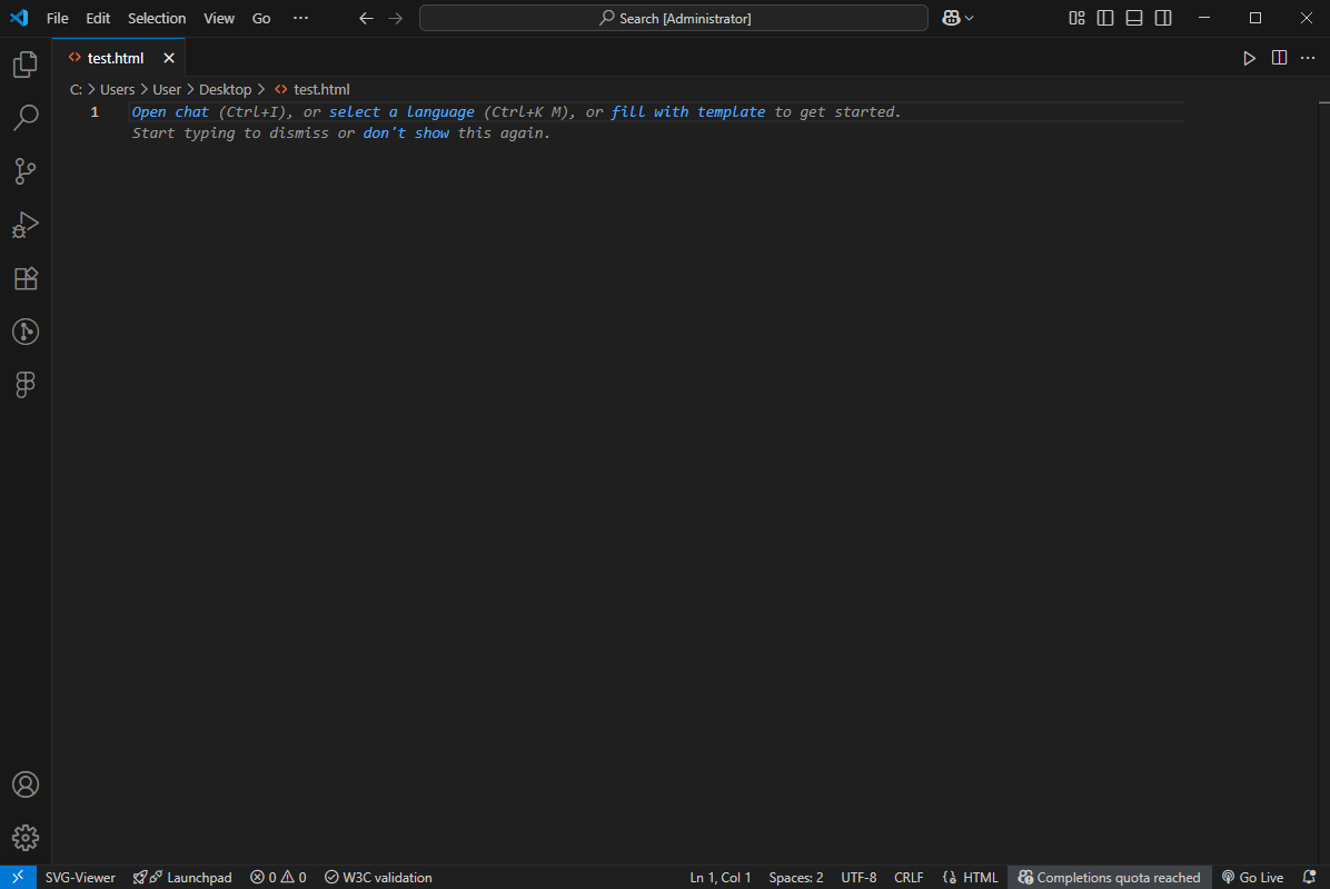 VSCode로 열은 test.html 빈 문서