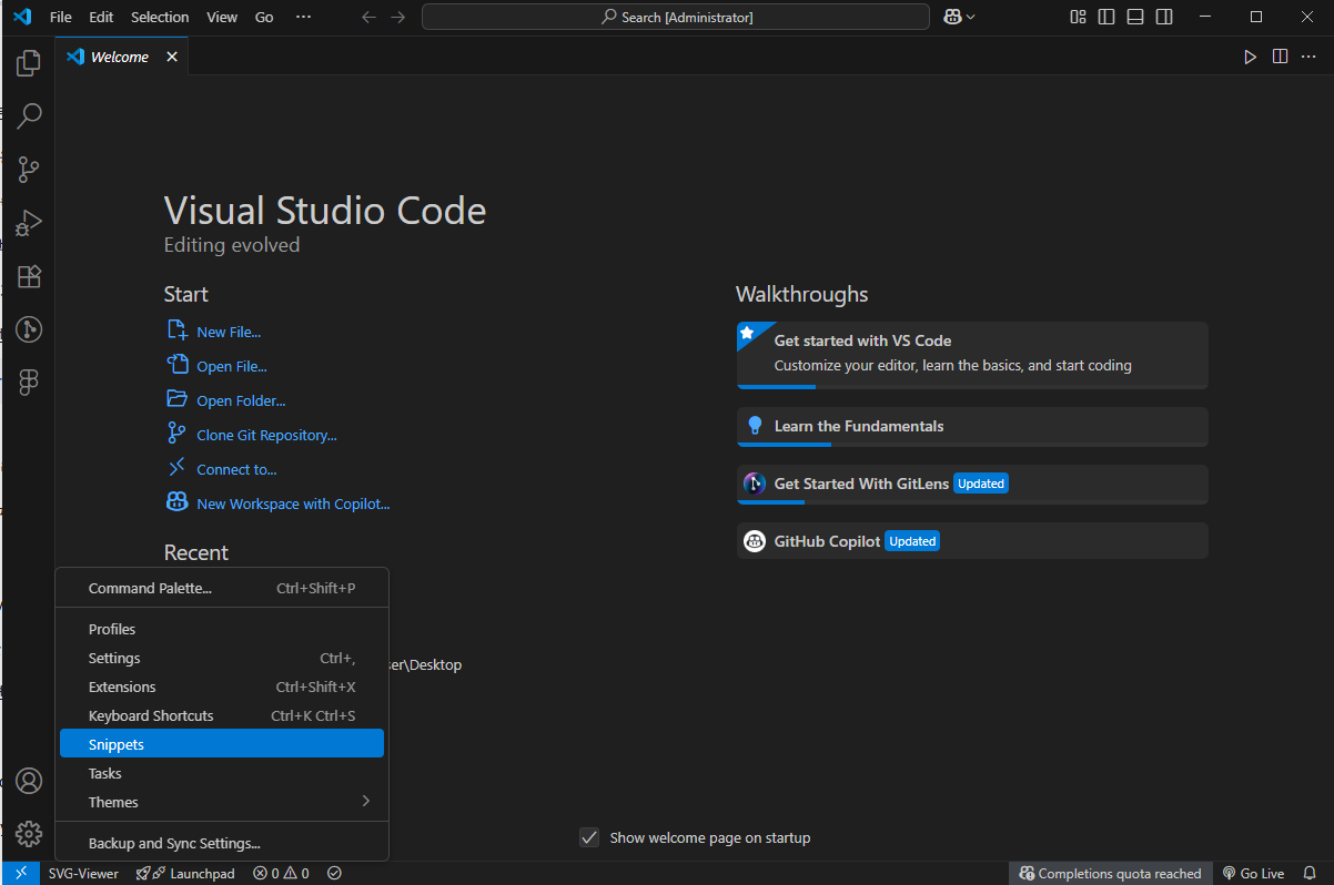 우측 하단의 설정아이콘, Snippets 순서