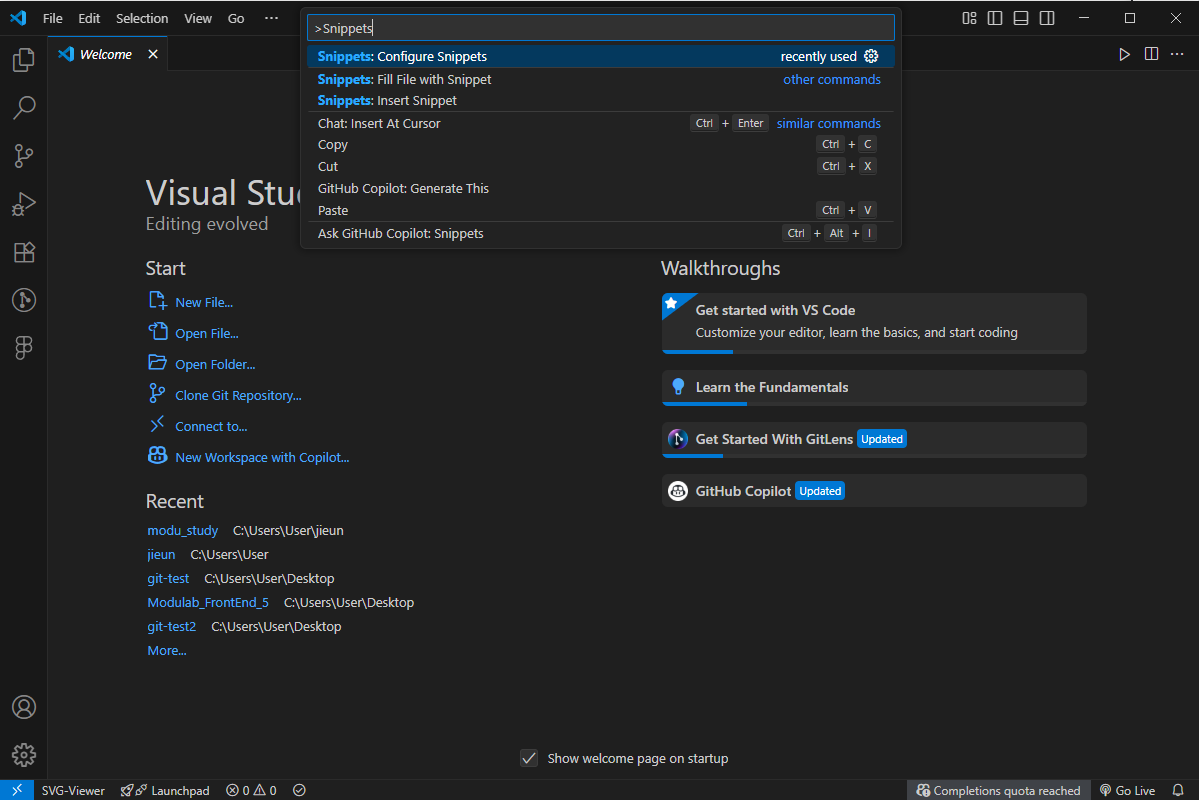 Ctrl + Shift + P, Snippets 순서
