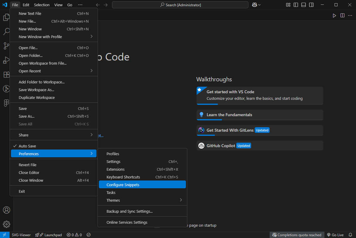 File, Preferences, Configure User Snippets 순서