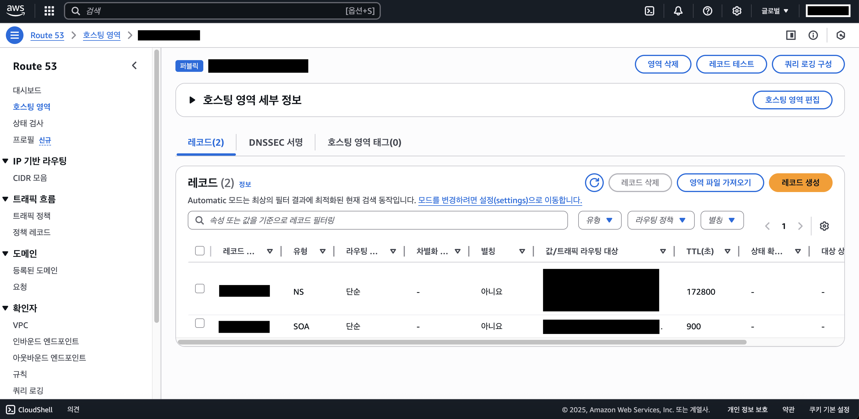 호스팅 영역 레코드 확인