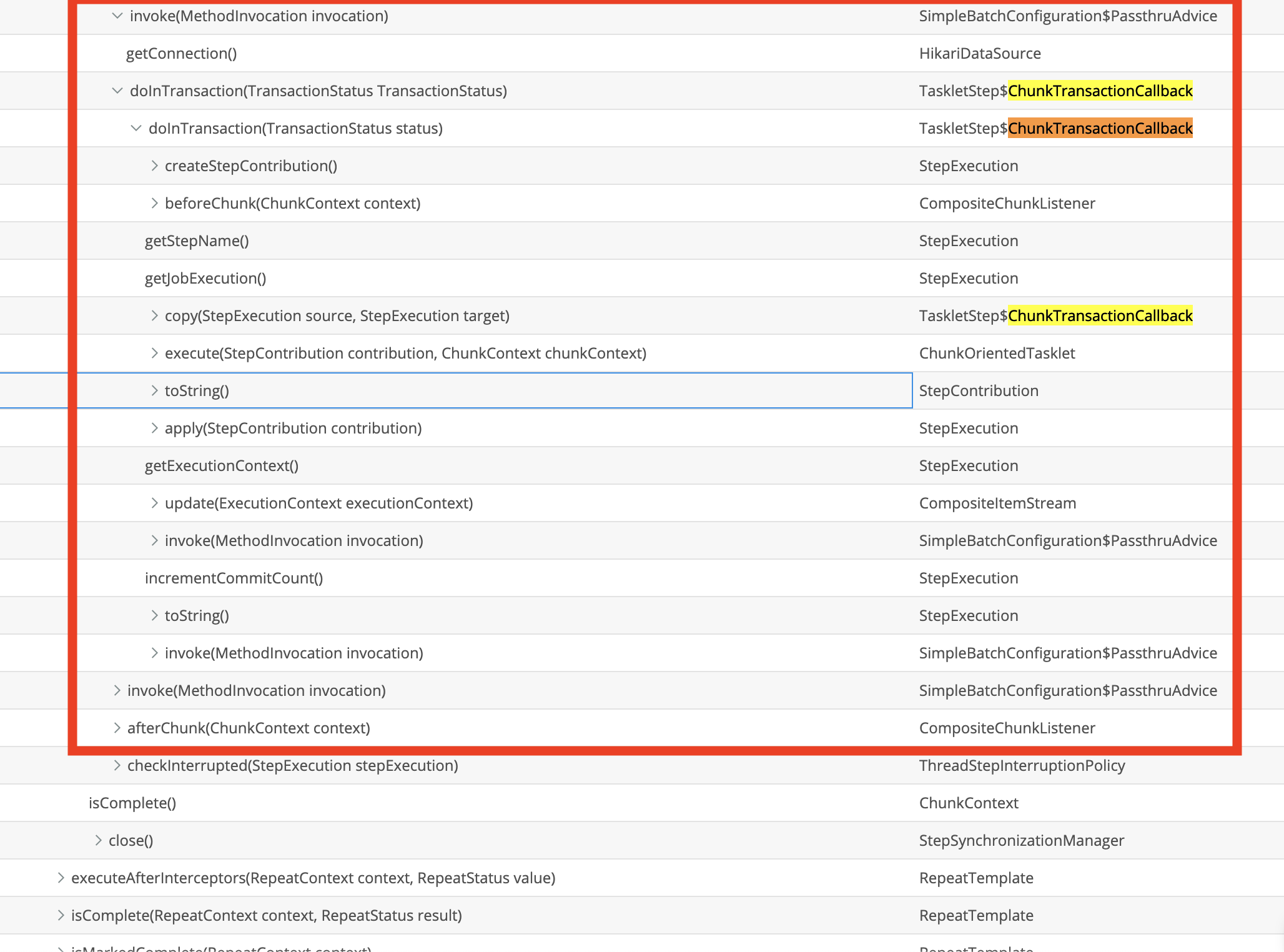 스프링 배치 청크 실행 콜스택