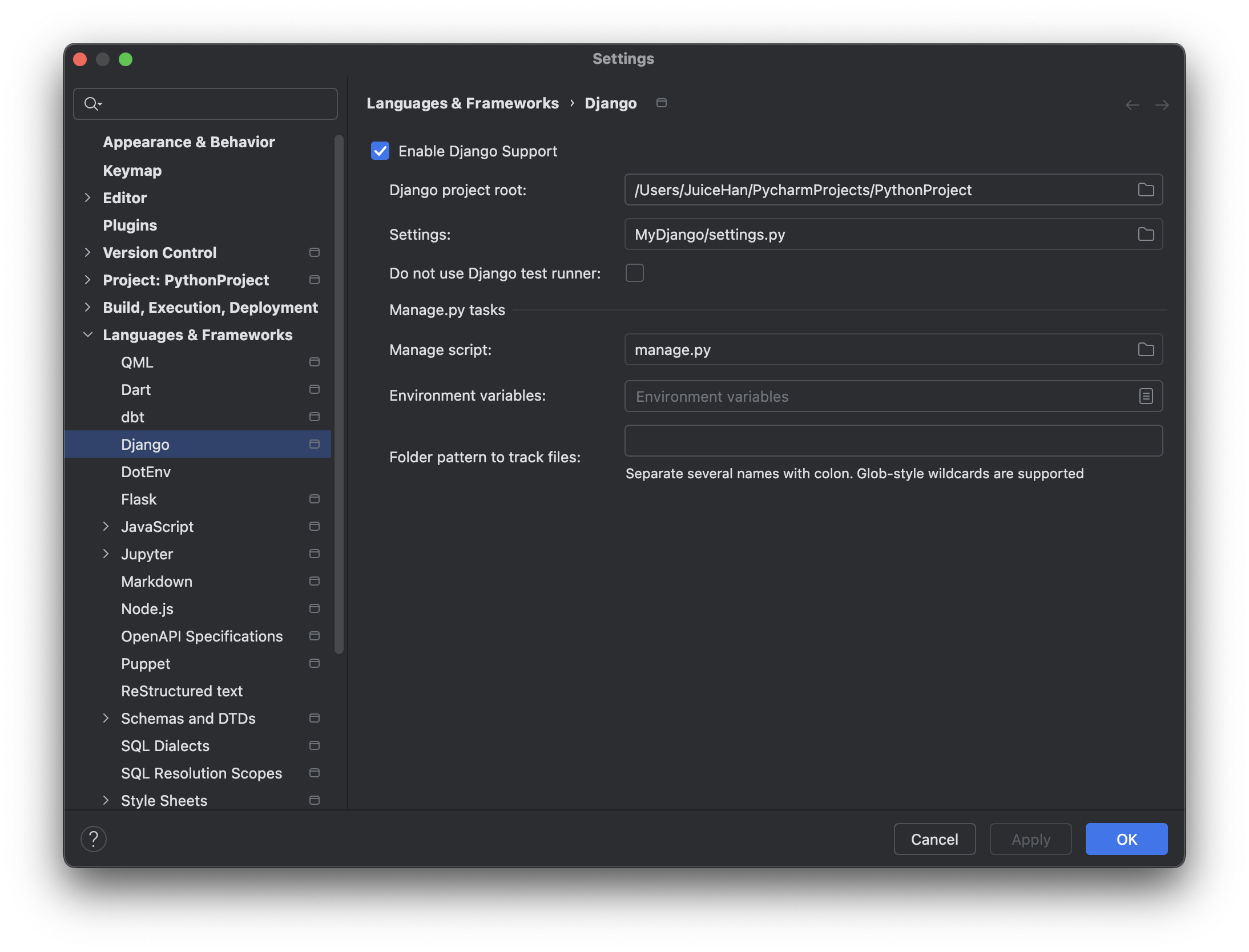 Enable Django support창