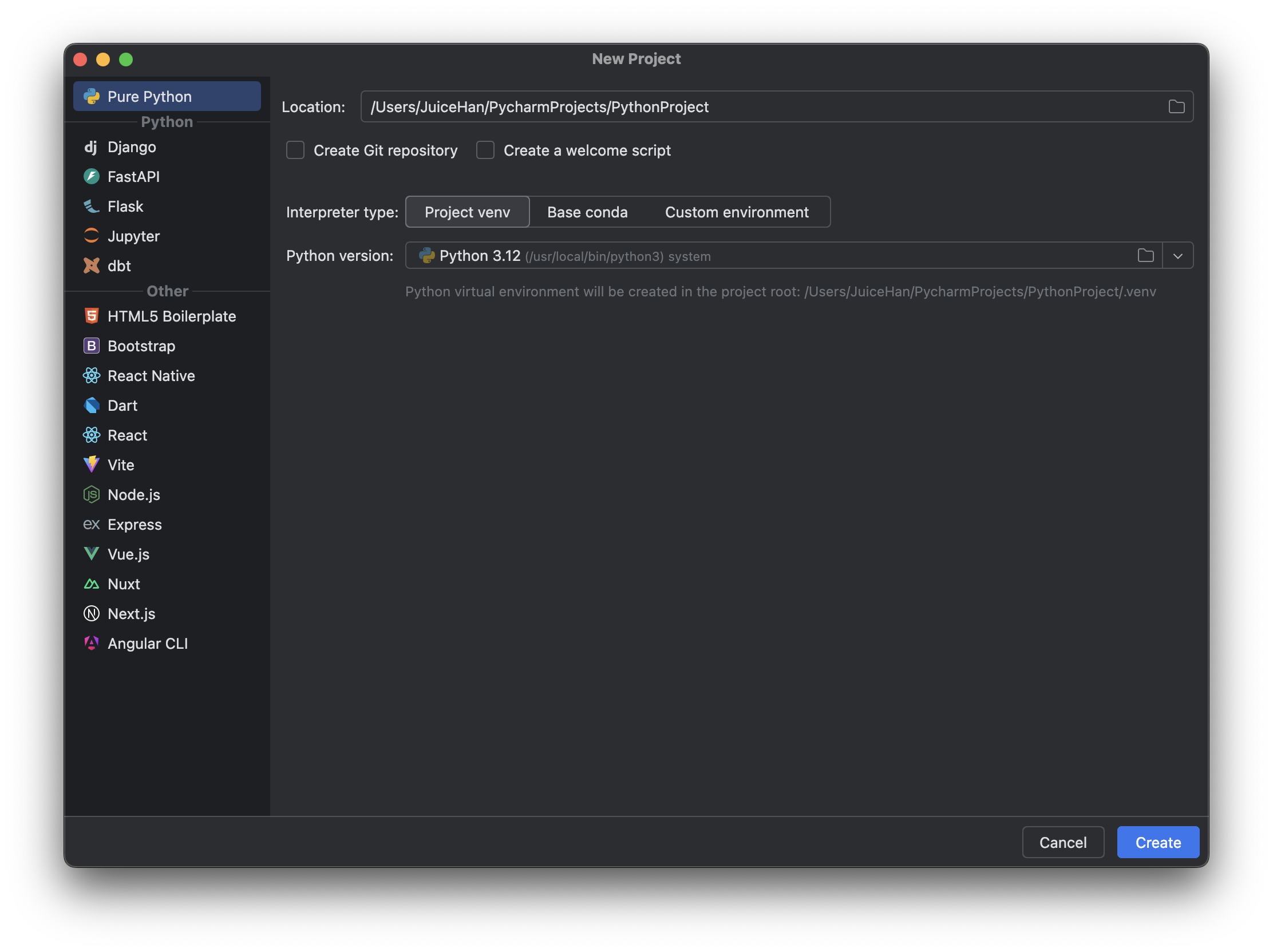 PyCharm 프로젝트 세부 설정 화면