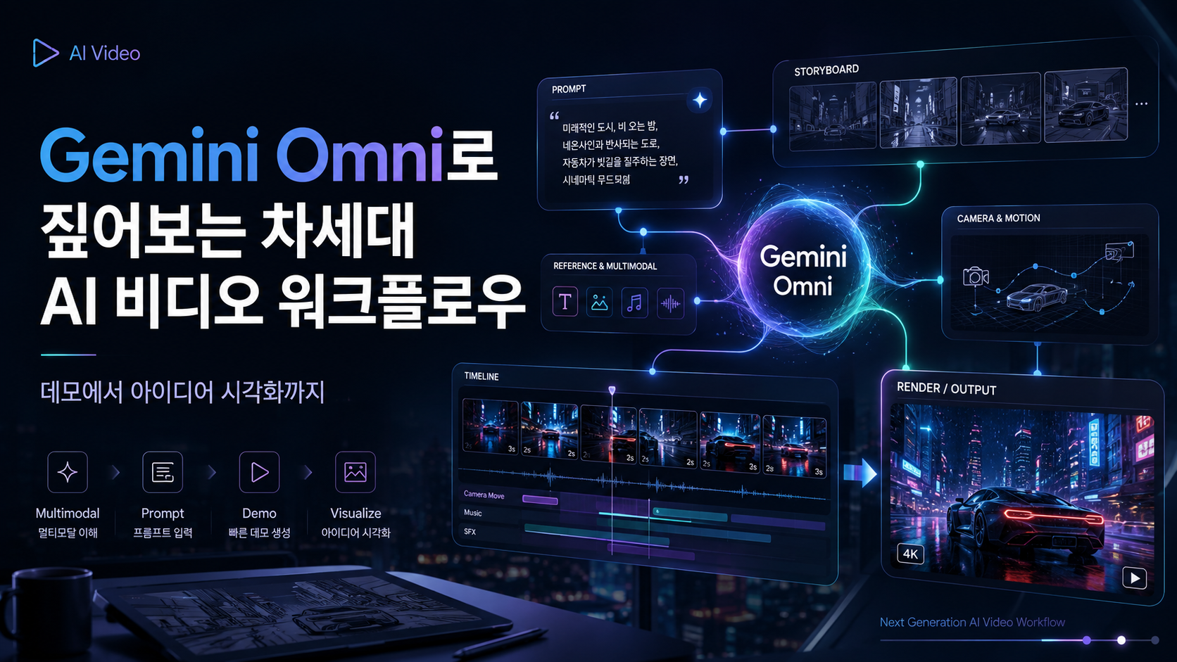 Gemini Omni 차세대 AI 비디오 워크플로우를 시각화한 커버 이미지로, 프롬프트 입력부터 데모 분석, 스토리보드, 타임라인, 최종 비디오 렌더링까지의 멀티모달 제작 과정을 보여준다.