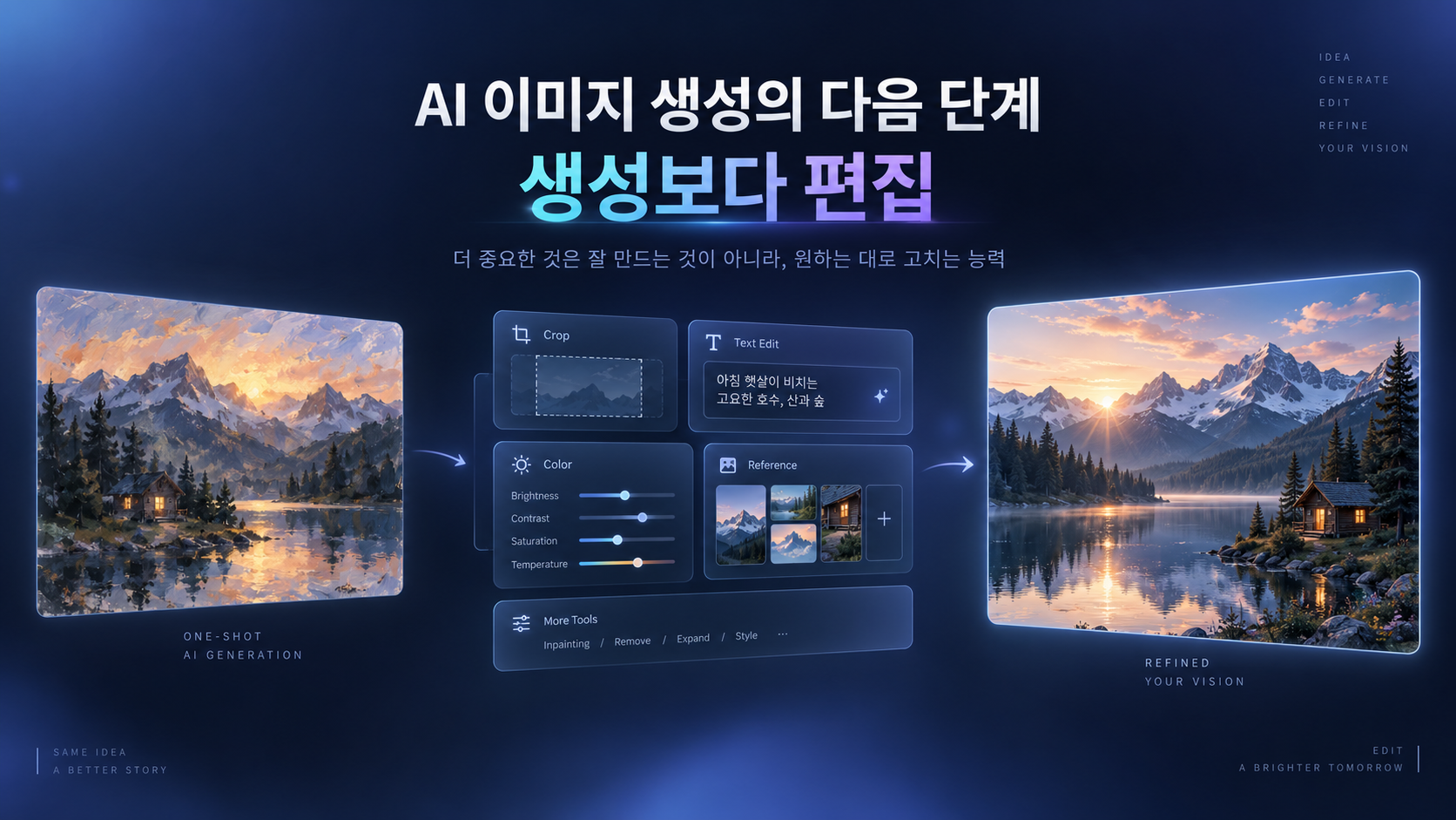 AI 이미지 생성에서 반복 편집과 레퍼런스 활용으로 발전하는 과정을 보여주는 이미지 편집 인터페이스와 산악 풍경
