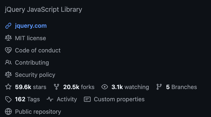 증거1: 2025년 12월 기준 jQuery의 GitHub Star 수는 거의 60k이다.