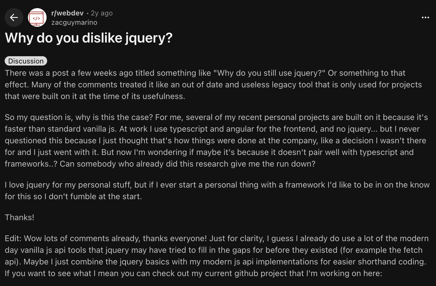 2년 전 Reddit에 올라온 글. 왜 jQuery를 싫어하는지 유저들에게 의견을 묻는 게시글이다.