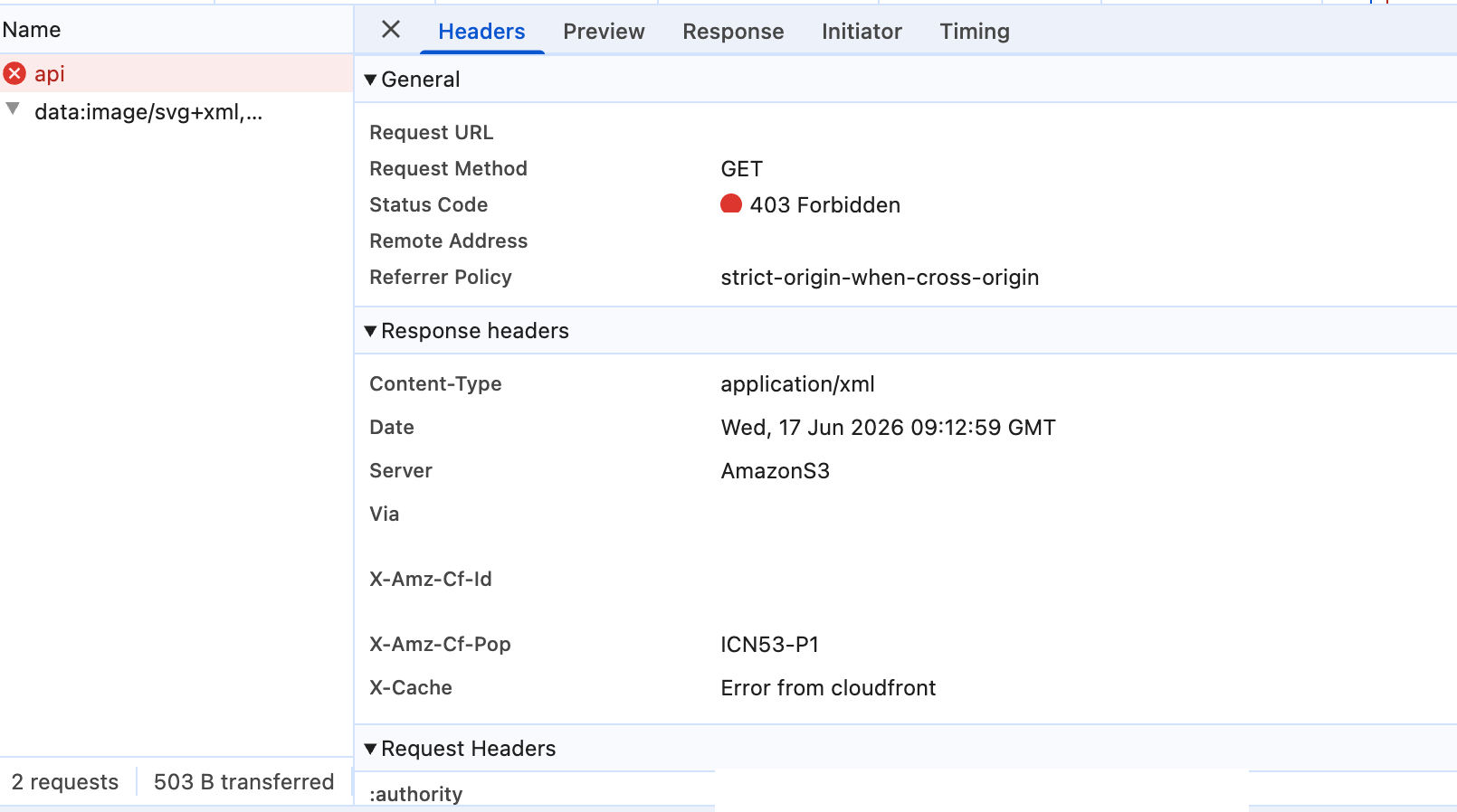 CloudFront에서 API 요청이 403으로 반환된 화면