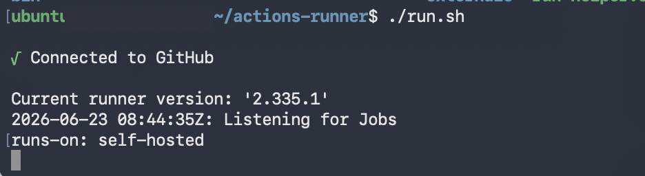 EC2 내부 Self-hosted Runner가 GitHub 연결을 기다리는 화면