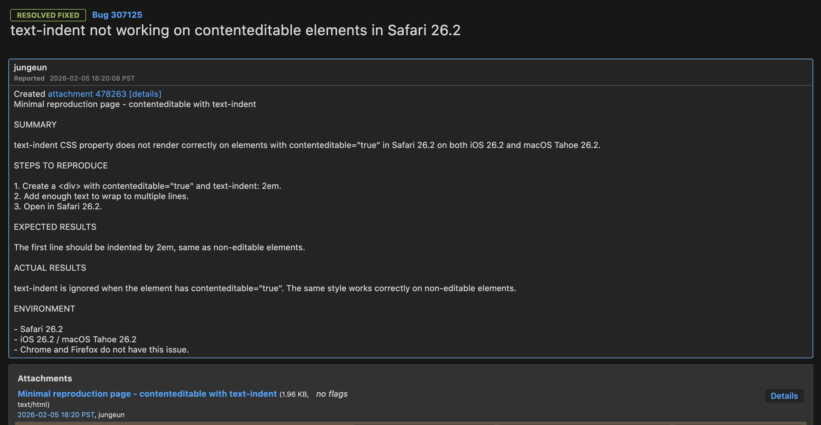 Safari 26.2에서 contenteditable 요소에 text-indent가 정상 동작하지 않는 버그