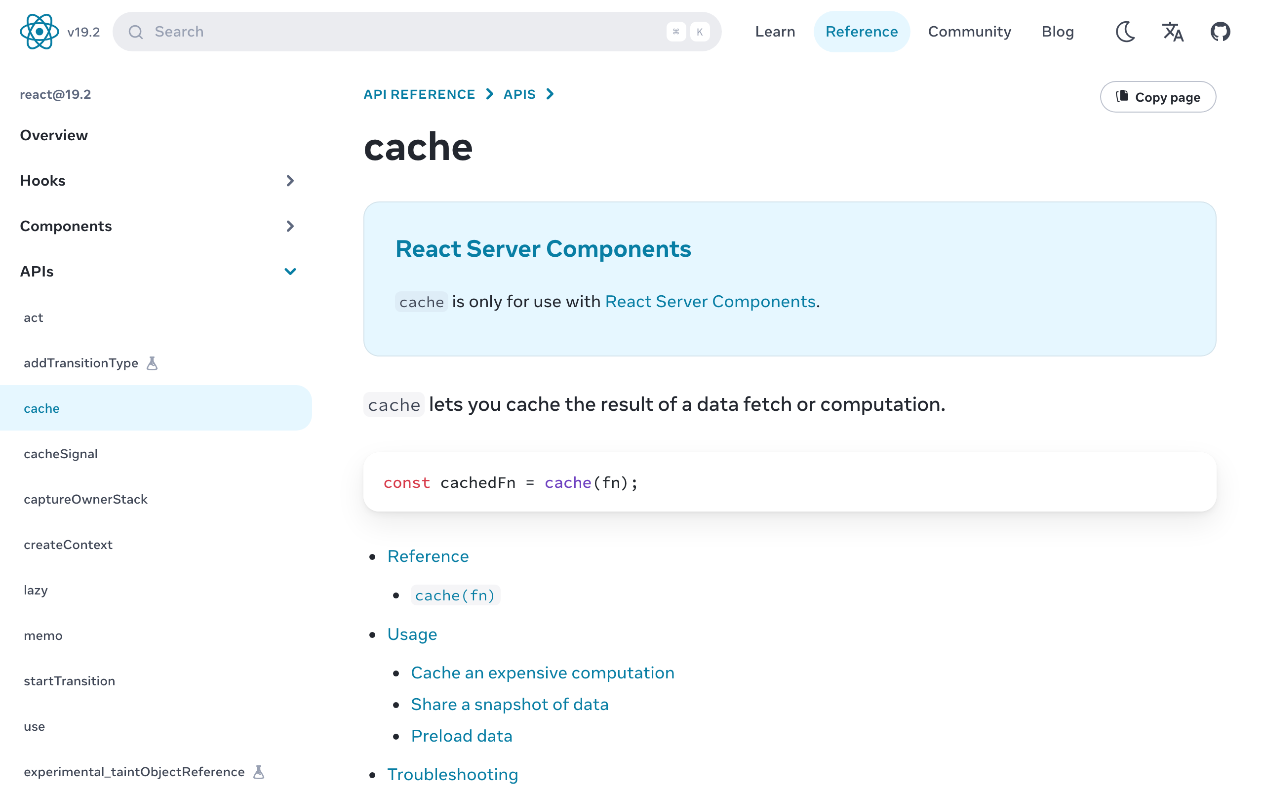 React cache 문서
