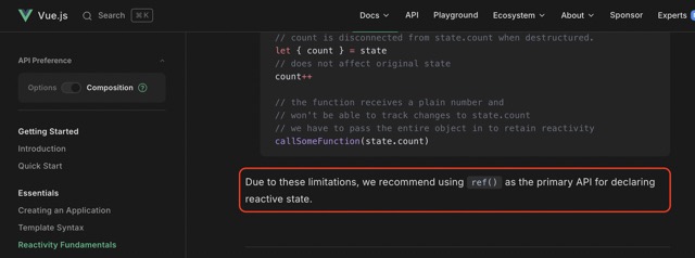 vue3 공식 문서의 reactive 제한사항