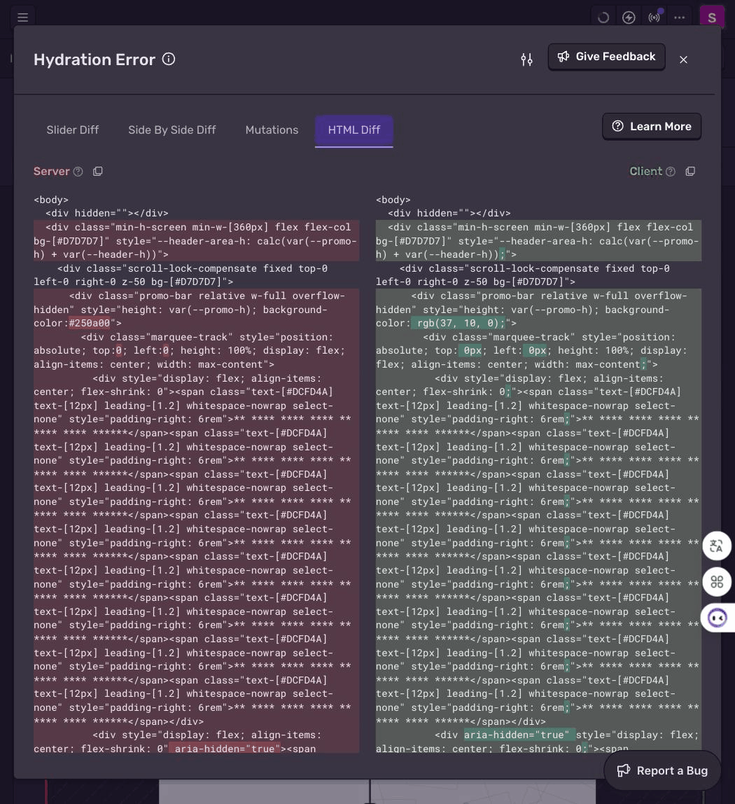Sentry HTML Diff — 정규화 노이즈가 하이라이트된 모습
