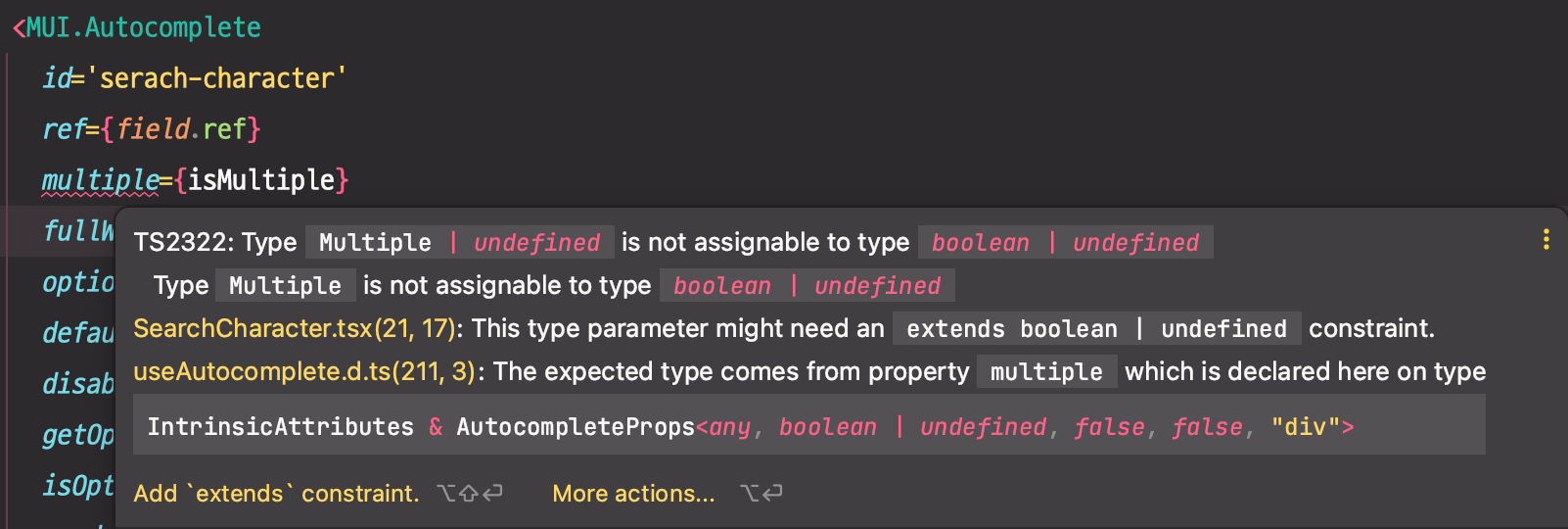 AutoComplete 와 연동하는데 타입 에러가 발생한다.