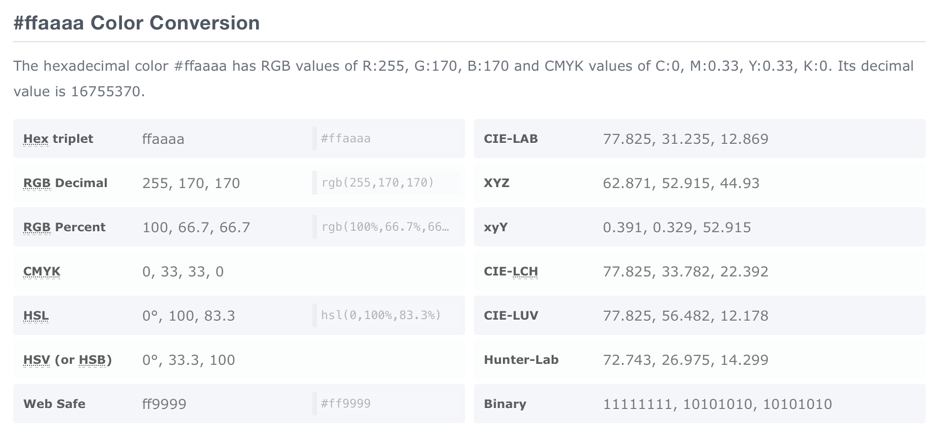 ColorHexa 사이트의 다양한 색 쳬계들