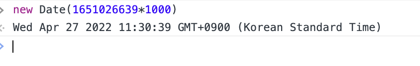 AA님이 2022.04.27. 20:30:39 (KST) 즈음 뽑은 UNIX timestamp 값을 JS 콘솔에 출력해보았다.