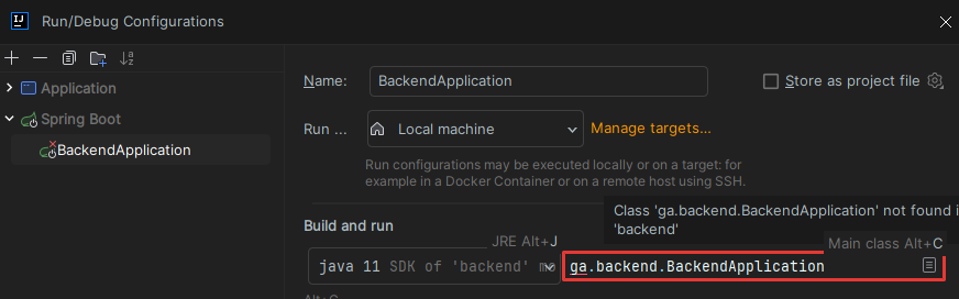 Class 'ga.backend/BackendApplication' not found in module 'backend'