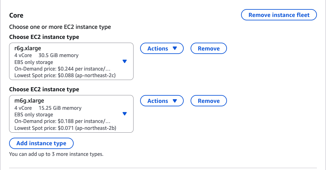 core node settings, r6g.xlarge, m6g.xlarge 두가지 넣어 두었음