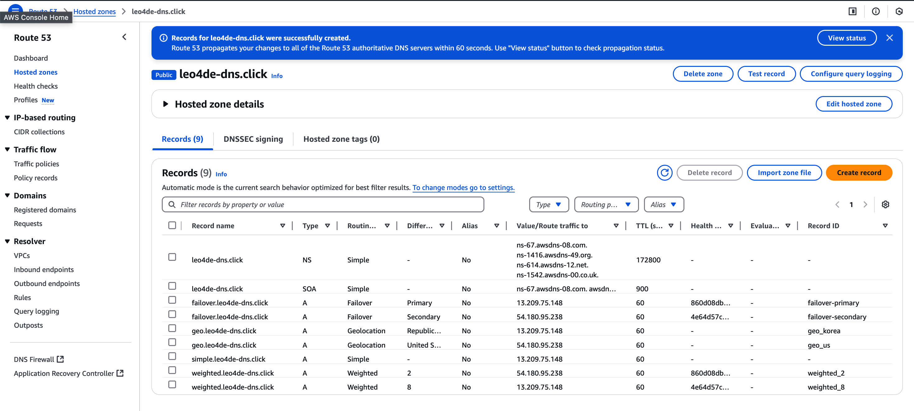 Route 53 > Hosted zones > leo4de-dns.click 의 Records list