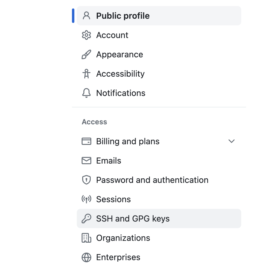 깃허브 사이트의 사용자 설정에서 볼 수 있는 메뉴 중 에스에스에이치 앤드 지피지 키 메뉴를 강조 표시한 캡처 사진