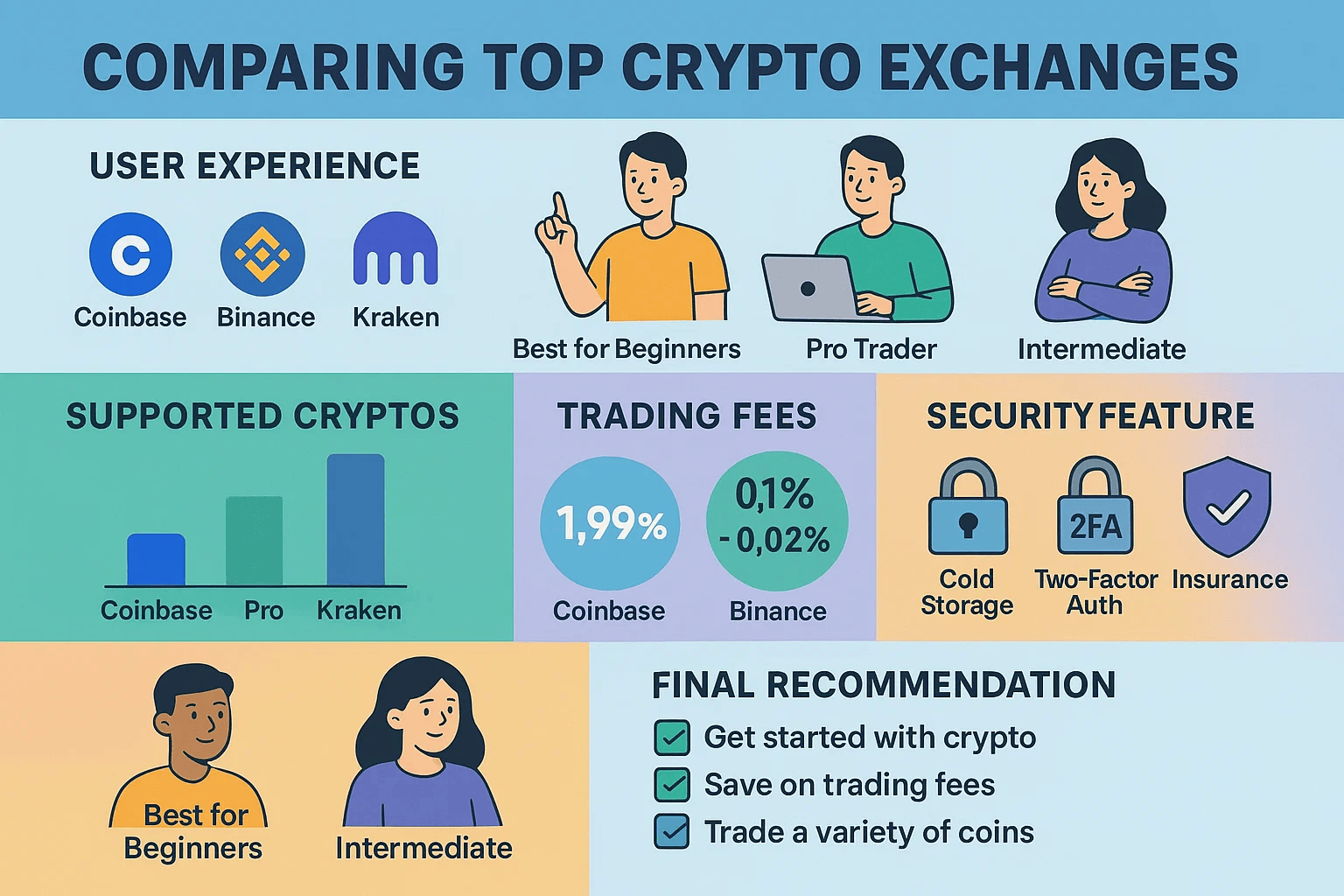 Infographic summarizing the blog post on 'Coinbase vs Binance vs Kraken: 2025 Crypto Exchange Showdown'. Key sections include fee comparisons, security features, and supported cryptocurrencies. Features clean icons and illustrations related to crypto exchanges