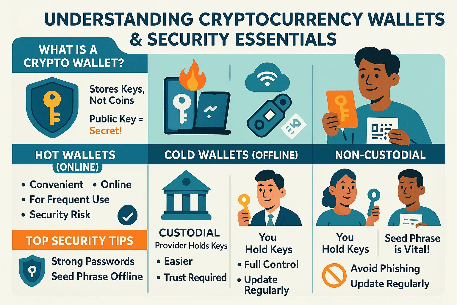 Infographic summarizing the blog post on ‘What Is a Cryptocurrency Wallet?’ Key sections include wallet types, security best practices, and key terms like private keys. Features clean icons and illustrations related to blockchain security.