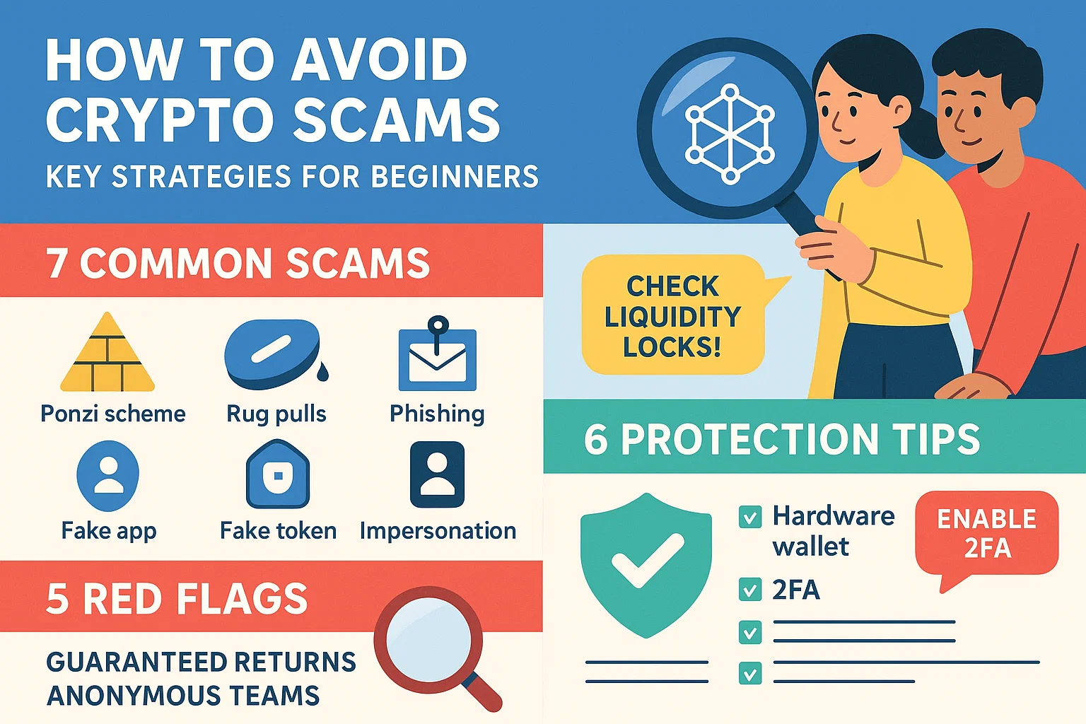 Infographic summarizing the blog post on avoiding crypto scams. Key sections include common scams, red flags, and protection tips. Features icons for phishing, rug pulls, and secure wallets in a modern flat design style