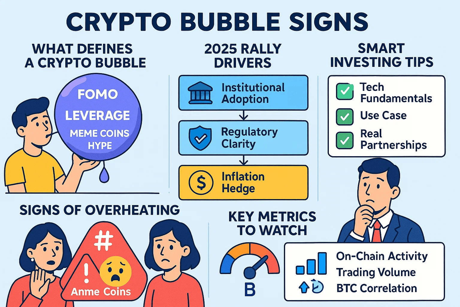 Infographic summarizing the blog post on 'Bubble in Cryptocurrency: Is the Current Market Heading for a Fall?'. Key sections include defining a market bubble, factors driving the crypto surge, warning signs of a bubble, investor strategies, and regulatory impact. Features clean icons and illustrations related to cryptocurrency market analysis