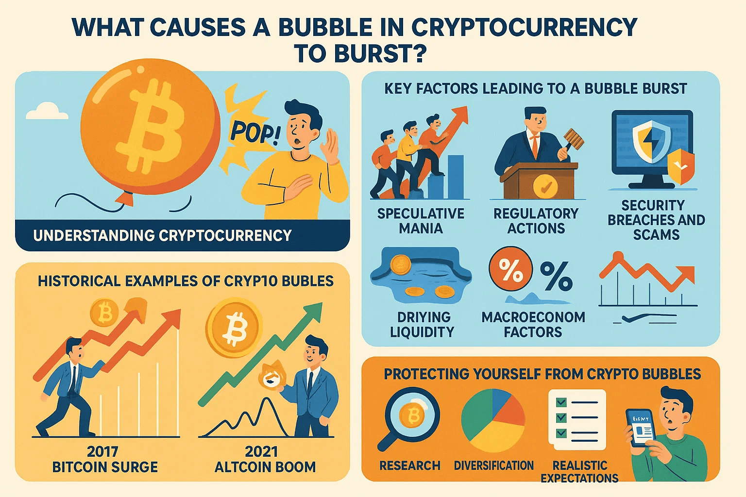 Infographic summarizing the blog post on 'Why Crypto Bubbles Burst'. Key sections visualize bubble inflation factors, the main catalysts causing a burst (like regulation, whale selling, market saturation), and the aftermath. Features clean icons and illustrations related to cryptocurrency market dynamics