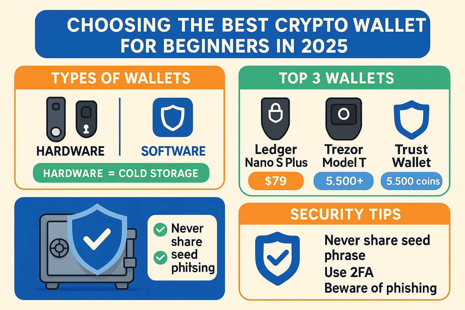 Infographic summarizing the blog post on 'Best Crypto Wallets for Beginners'. Key sections include wallet types, top recommended options, and security best practices. Features clean icons and illustrations related to cryptocurrency security and storage solutions