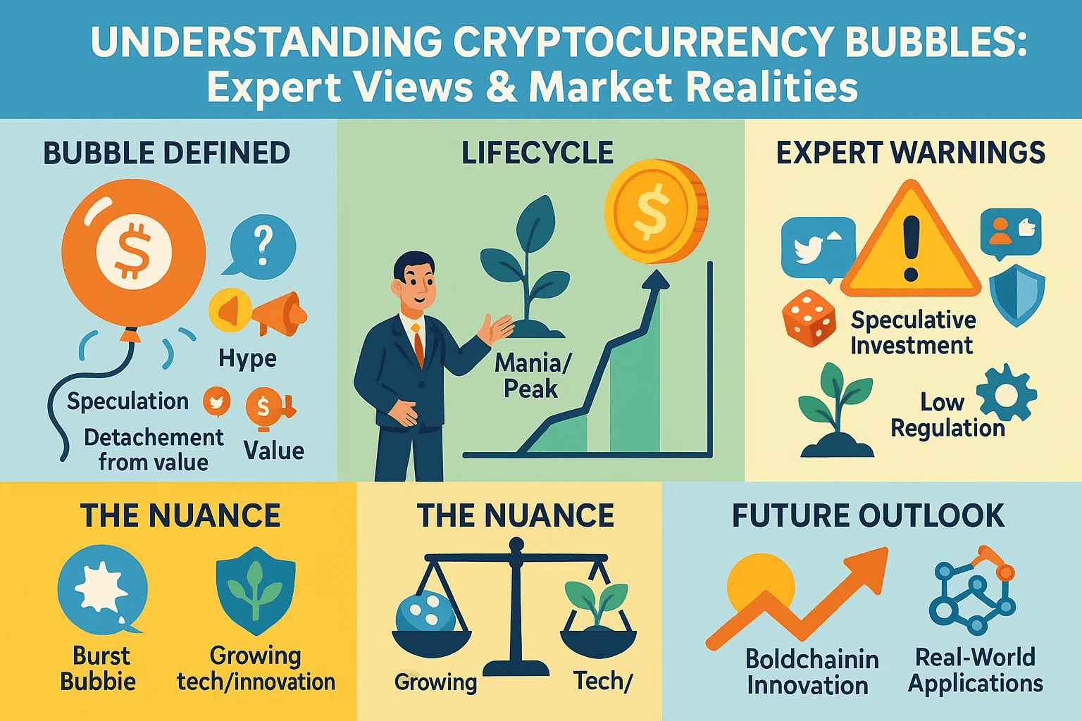 Infographic summarizing the blog post on 'Why Do Experts Call Cryptocurrency a Bubble? Are They Right?'. Key sections include signs of a bubble, expert opinions, and future outlook. Features clean icons and illustrations related to cryptocurrency trends