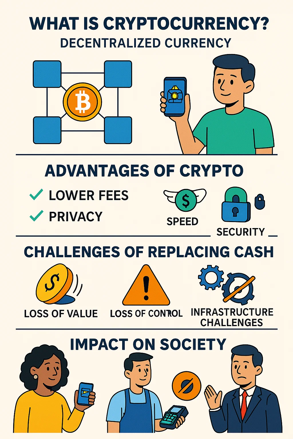 Infographic summarizing the blog post on 'What Is Cryptocurrency and Can It Replace Cash?'. Key sections include basic cryptocurrency definitions, how blockchain works, and the pros and cons of cryptocurrency replacing traditional cash. Features clean icons and illustrations related to digital and traditional currency systems
