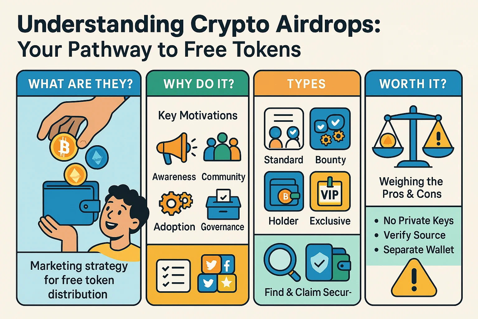 Infographic summarizing the blog post on 'Crypto Airdrops: Your Ultimate Guide to Getting Free Crypto Tokens'. Key sections include What is an Airdrop, Why Projects Offer Them, Types of Airdrops, How to Find & Claim Safely, and Rewards vs. Risks. Features clean icons and illustrations related to cryptocurrency airdrops