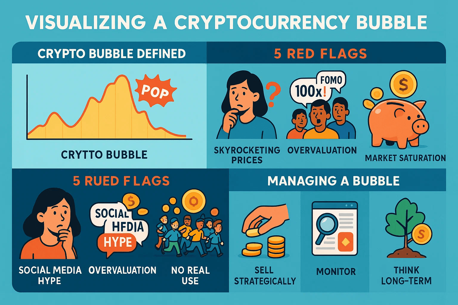 Infographic summarizing the blog post on 'What Is a Bubble in Cryptocurrency and How Can You Spot One?'. Key sections include understanding bubbles, signs to watch for, historical examples, and management strategies. Features clean icons and illustrations related to cryptocurrency trends