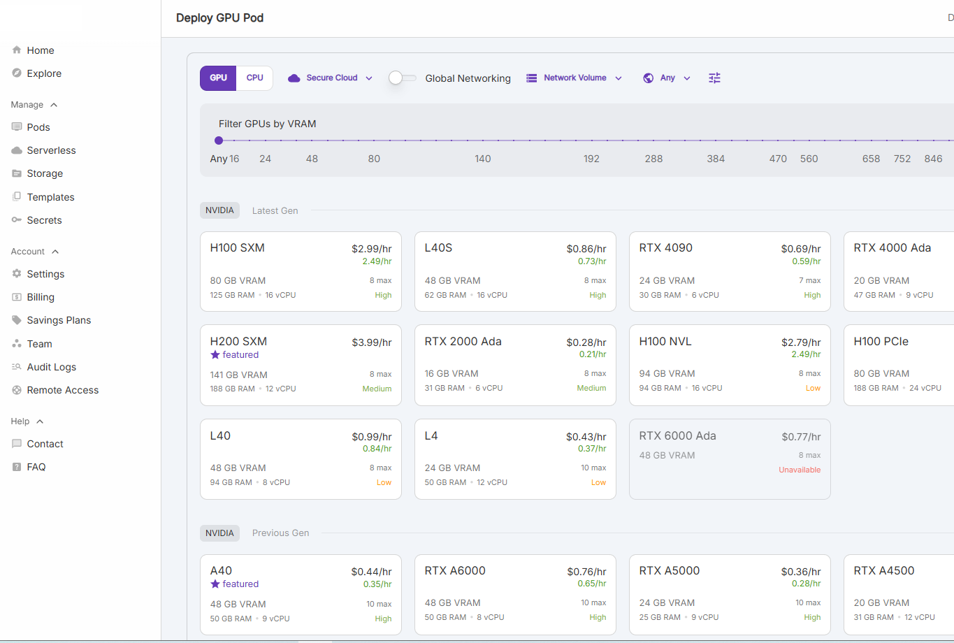 Runpod 메인 화면