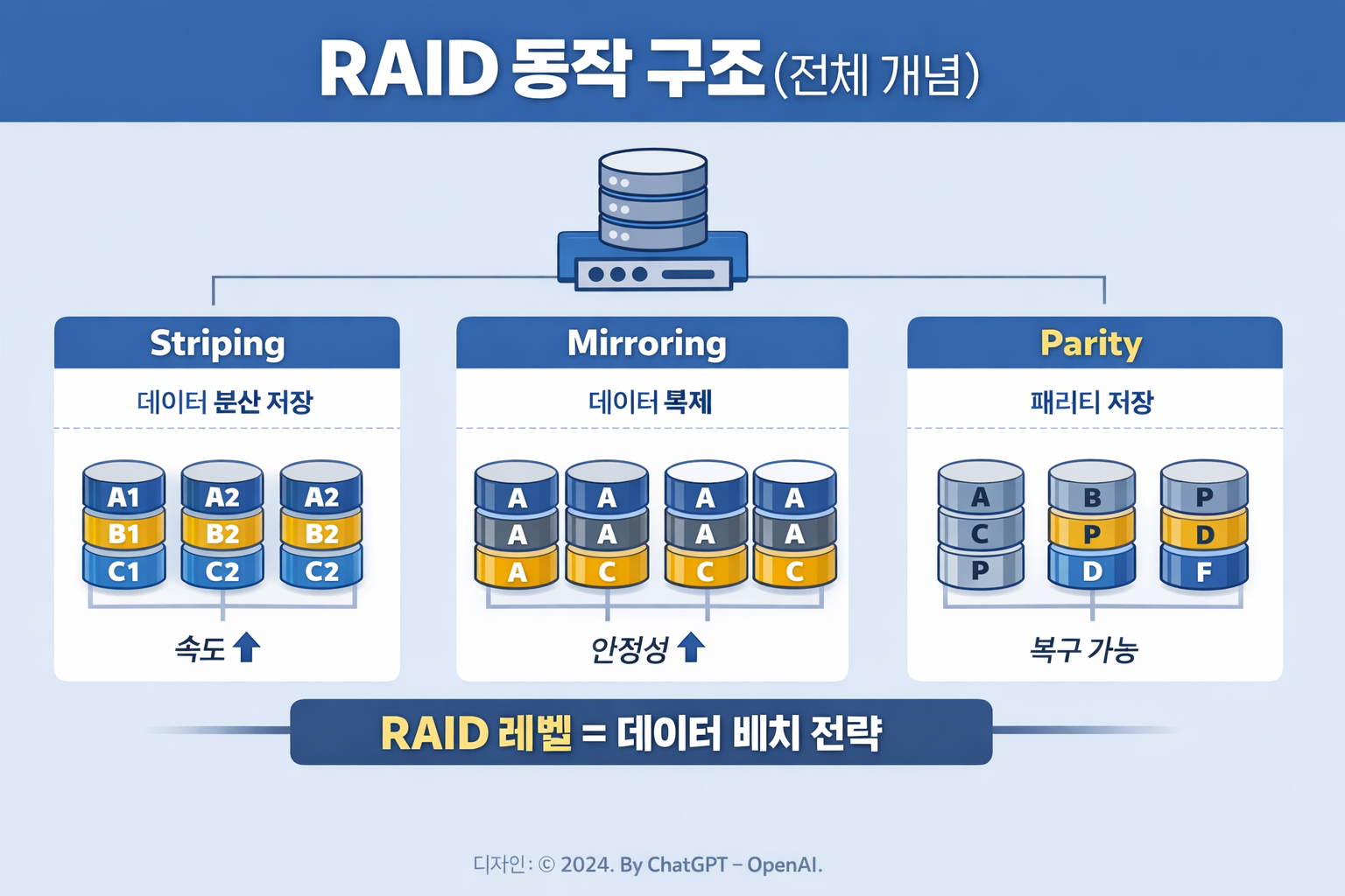 RAID란 무엇인가? Striping, Mirroring, Parity와 RAID 레벨 설계 이해