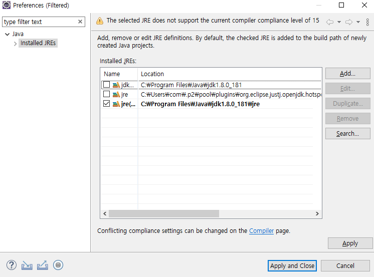 Preferences - Installed JREs