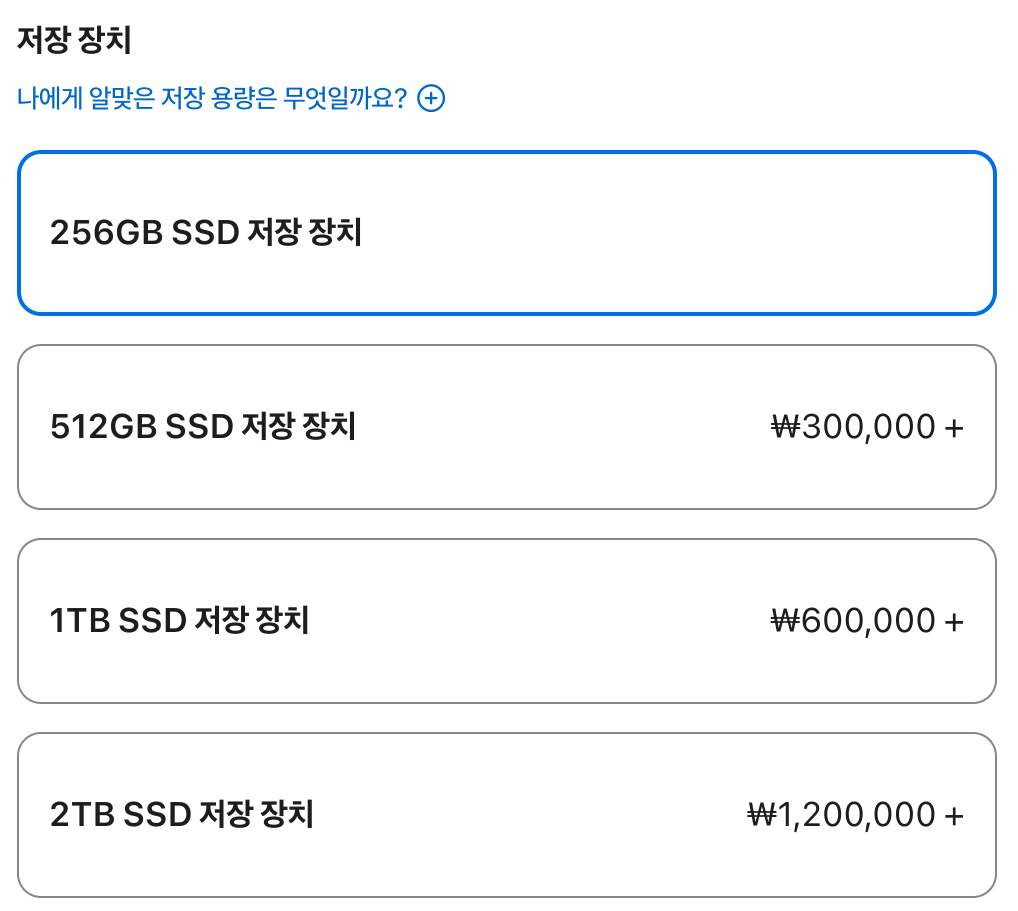 MacBook SSD 업그레이드 비용 표